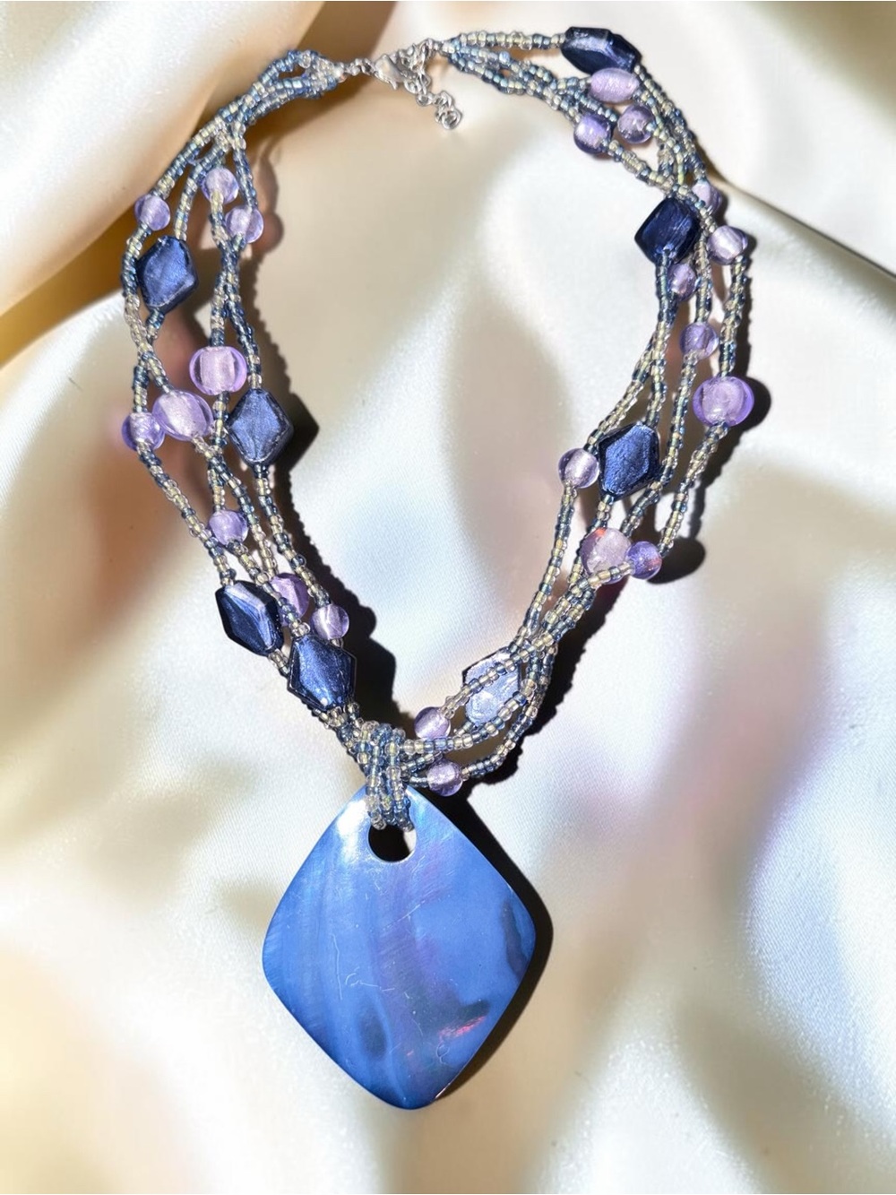 Blue Purple Multi Strand Beaded Statement Necklace with Large Pendant - Picture 2 of 6